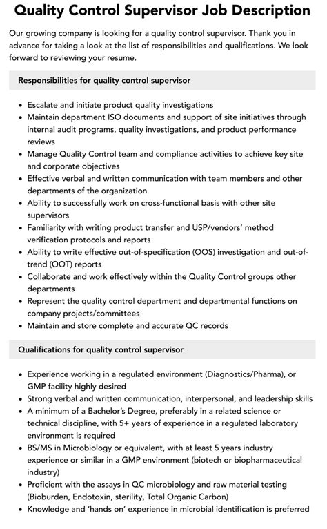 Quality Control Supervisor Job Description Pdf