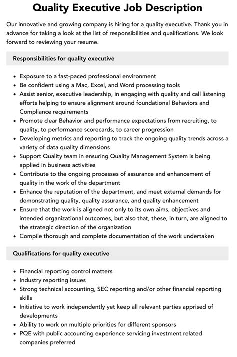 Quality Executive Job Description