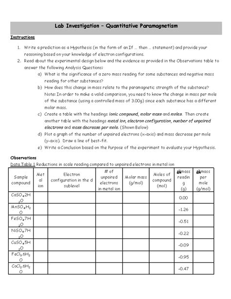 Quantitative Paramagnetism Lab Nelson Answers