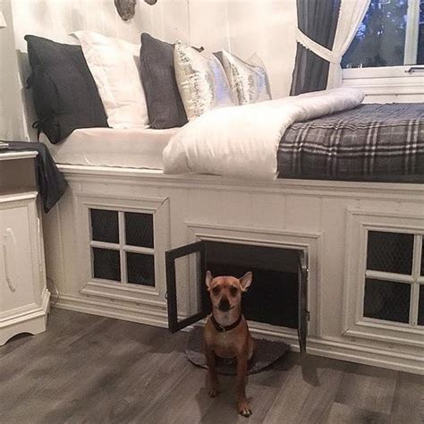 queen bed with dog bed attached