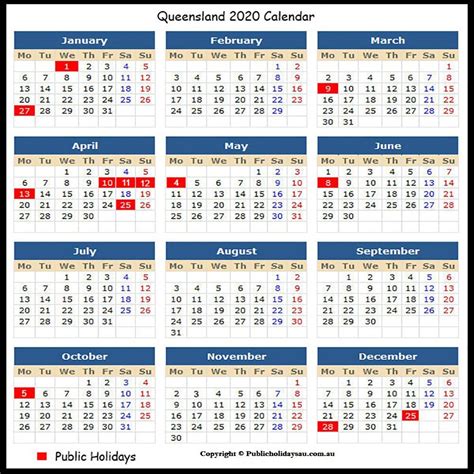 queensland public holidays 2020 calendar