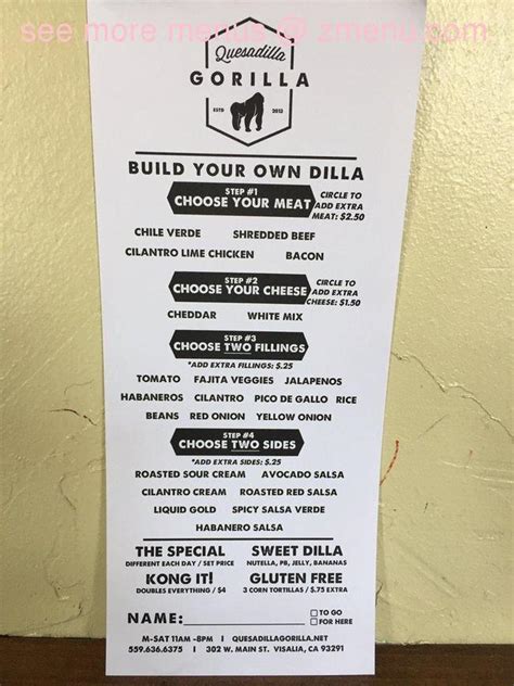 Quesadilla Gorilla Menu