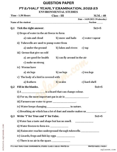 question paper for class 3rd evs