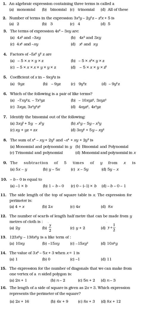questions on algebraic expressions for class 7 with answers