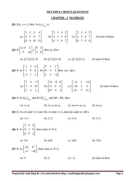 Questions On Matrix In Mathematics