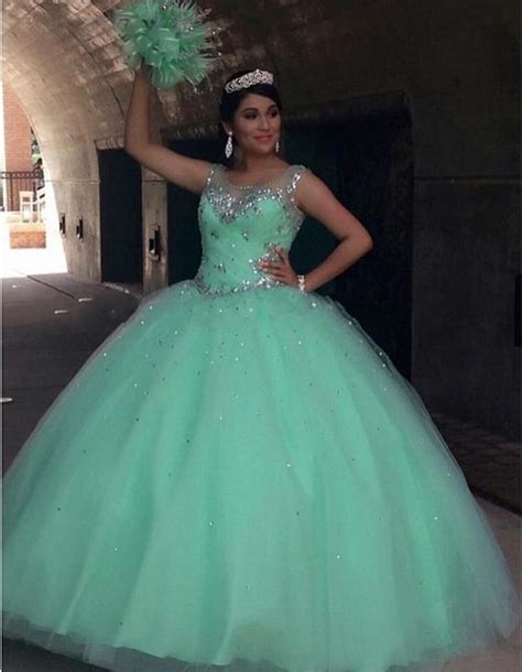 Mint Green Puffy 2019 Cheap Quinceanera Dresses Ball Gown Vneck Cap Sleeves Organza Crystals