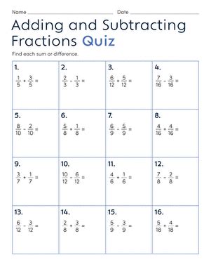 Quiz On Adding And Subtracting Fractions Quiz On Adding And Subtracting Fractions Printable