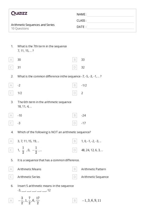 Quiz On Arithmetic Sequence And Series Printable Quiz On Arithmetic Sequence And Series