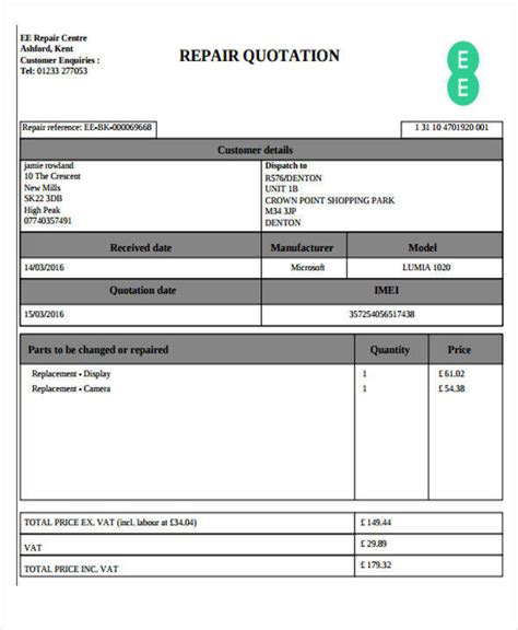 Quotation Format For Mechanical Work