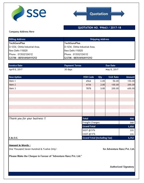 quotation sample template excel