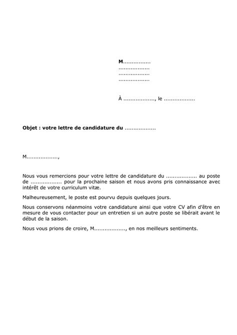 modele courrier reponse negative candidature Modele de lettre type