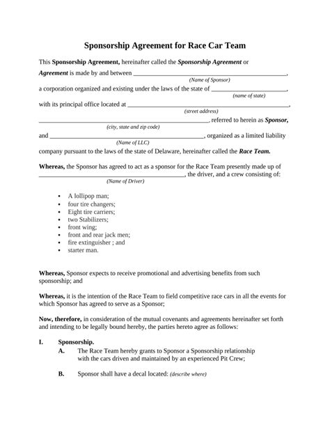 Race Car Sponsorship Agreement Template Great Professional Template Ideas