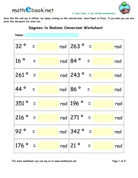 radians to degrees worksheet with answers