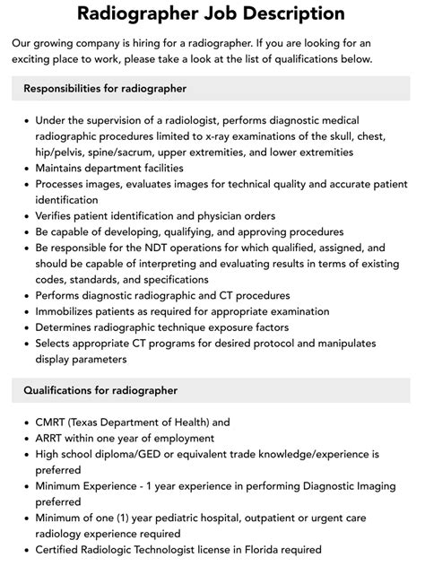 Radiographer Job Description