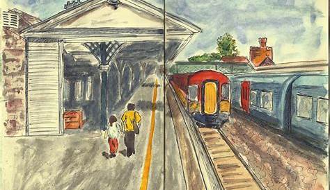 Railway Station Scenery Drawing Train Illustration Art, Artwork, s
