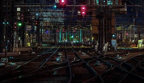 Night lights trains railroad tracks vehicles railroads