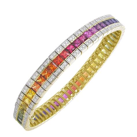 Stunning Fancy Rainbow Sapphire Platinum Line Bracelet For Sale at 1stdibs