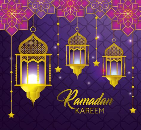 Ramadan greeting card with lamps and hanging stars 1268404 Vector Art at Vecteezy