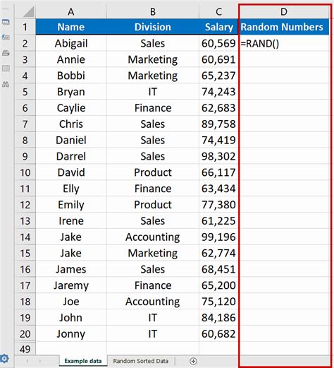 random list of numbers excel