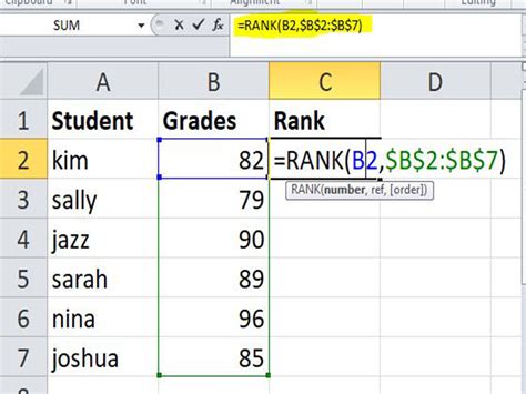 rank formula in excel