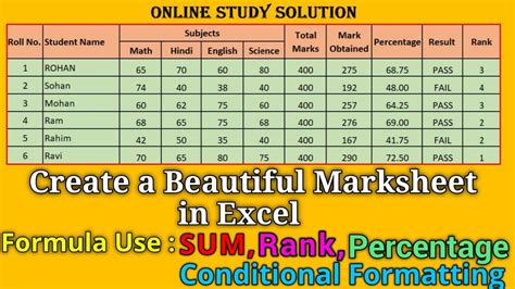 rank formula in excel marksheet