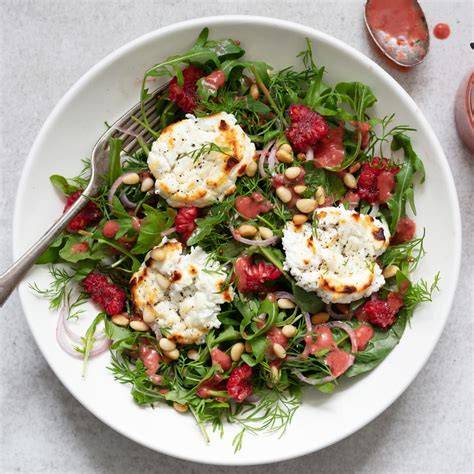Raspberry Pecan Goat Cheese Salad with Basil Vinaigrette