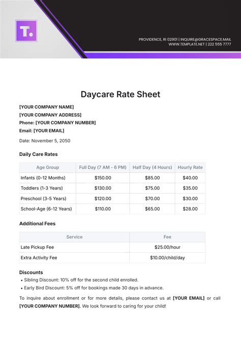 Rate Sheet For Daycare