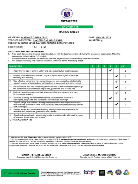 rating sheet for cot 2022