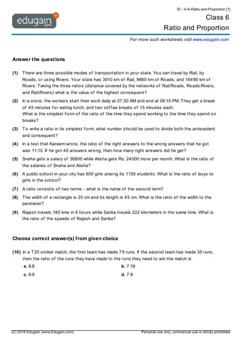 ratio and proportion quiz with answers