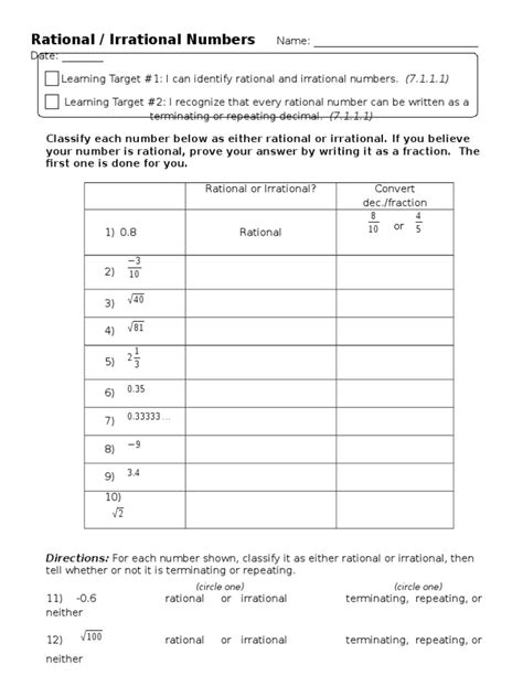 rational and irrational worksheet