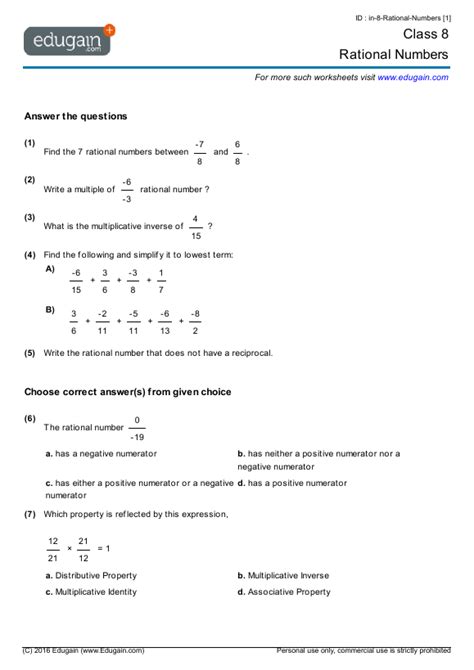 rational number worksheet for grade 8 pdf