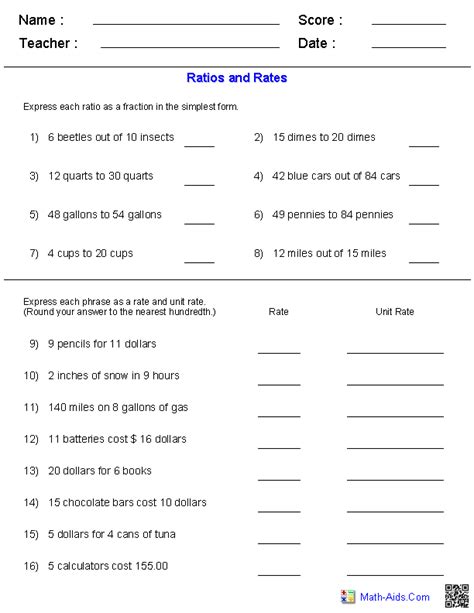 ratios and rates worksheets 6th grade