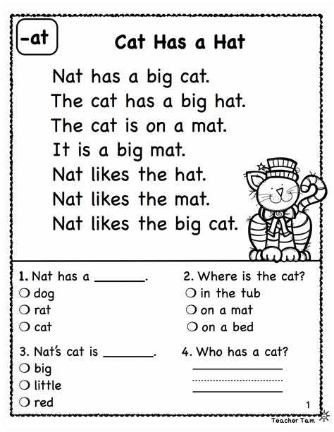 reading comprehension sheets for kindergarten printable template