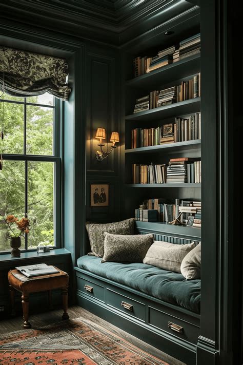 Reading Nook in Dark Blue Bedroom