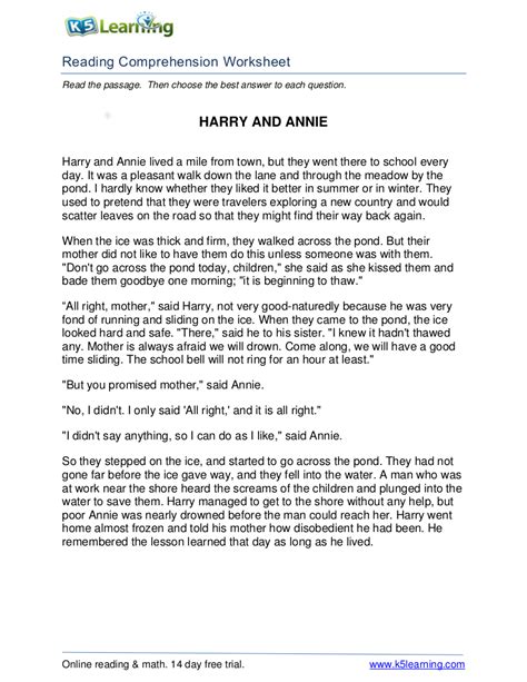 examples of reading comprehension worksheets