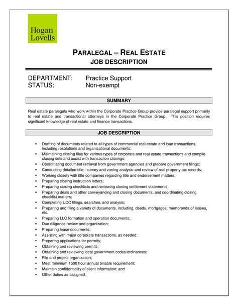real estate paralegal duties and resume