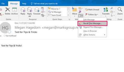 recall a message in outlook 365 online