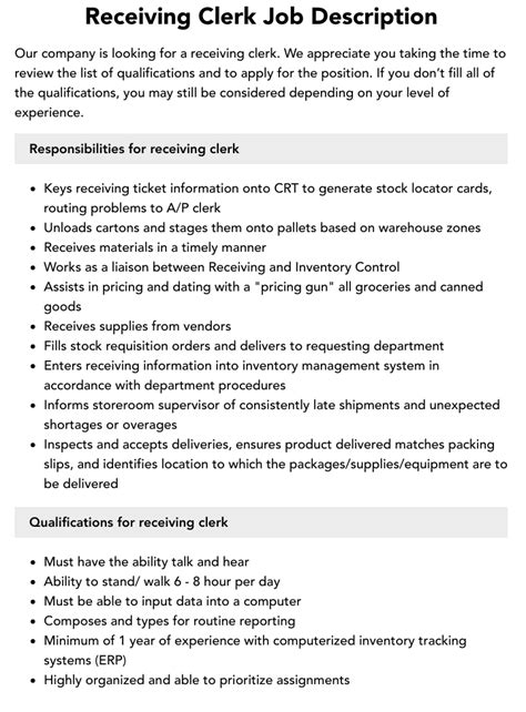 Receiving Operator Job Description