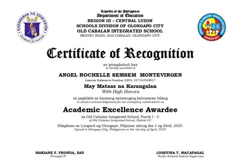 Recognition Certificate Sample Deped