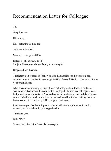 Letter Of For Coworker Template Template