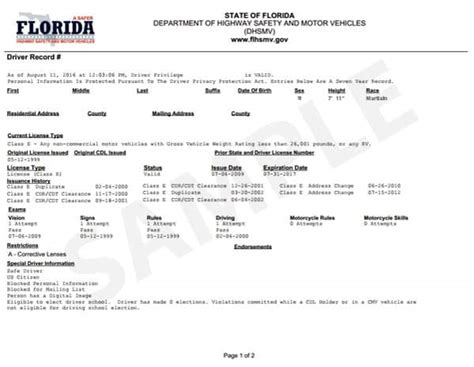 record of driving examination florida