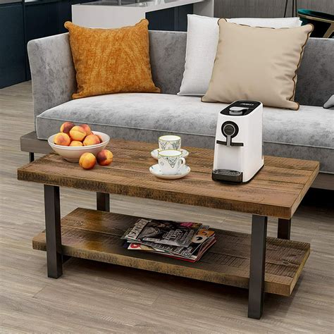 Topcobe Rustic Natural Coffee Table with Storage Shelf, Side End Table
