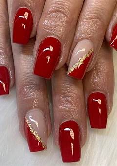 Red Acrylic Nails With Gold Flakes