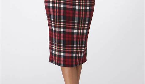 Red Black Plaid Pencil Skirt with Pocket / High Waist