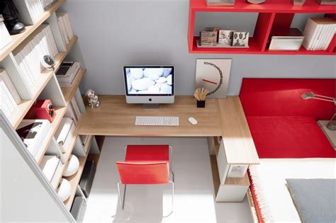 Red and white teen room design with ergonomic study desk by julia