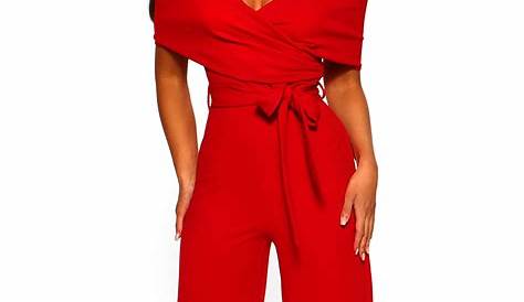 Red Off Shoulder Jumpsuit Outfit Spring I Believe You Ribbed Moda Feminina