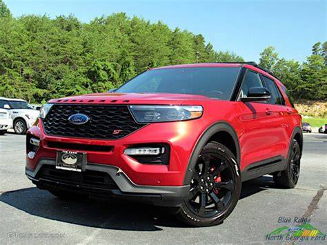 A striking red Ford Explorer parked on a scenic overlook, showcasing its bold design and adventurous spirit