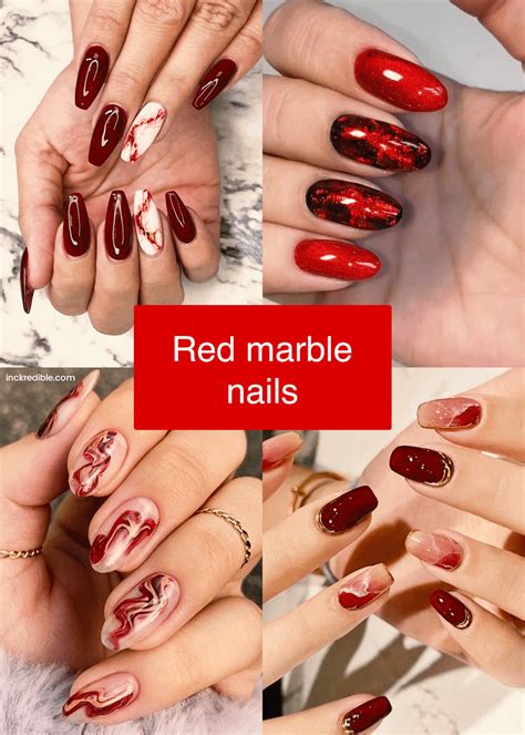 Red Marble Nails Short