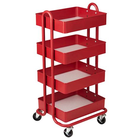 red metal rolling cart with baskets