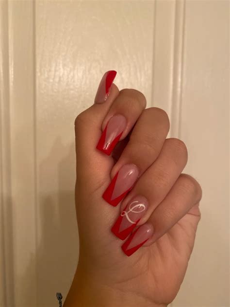Red Nails Acrylic With Initials